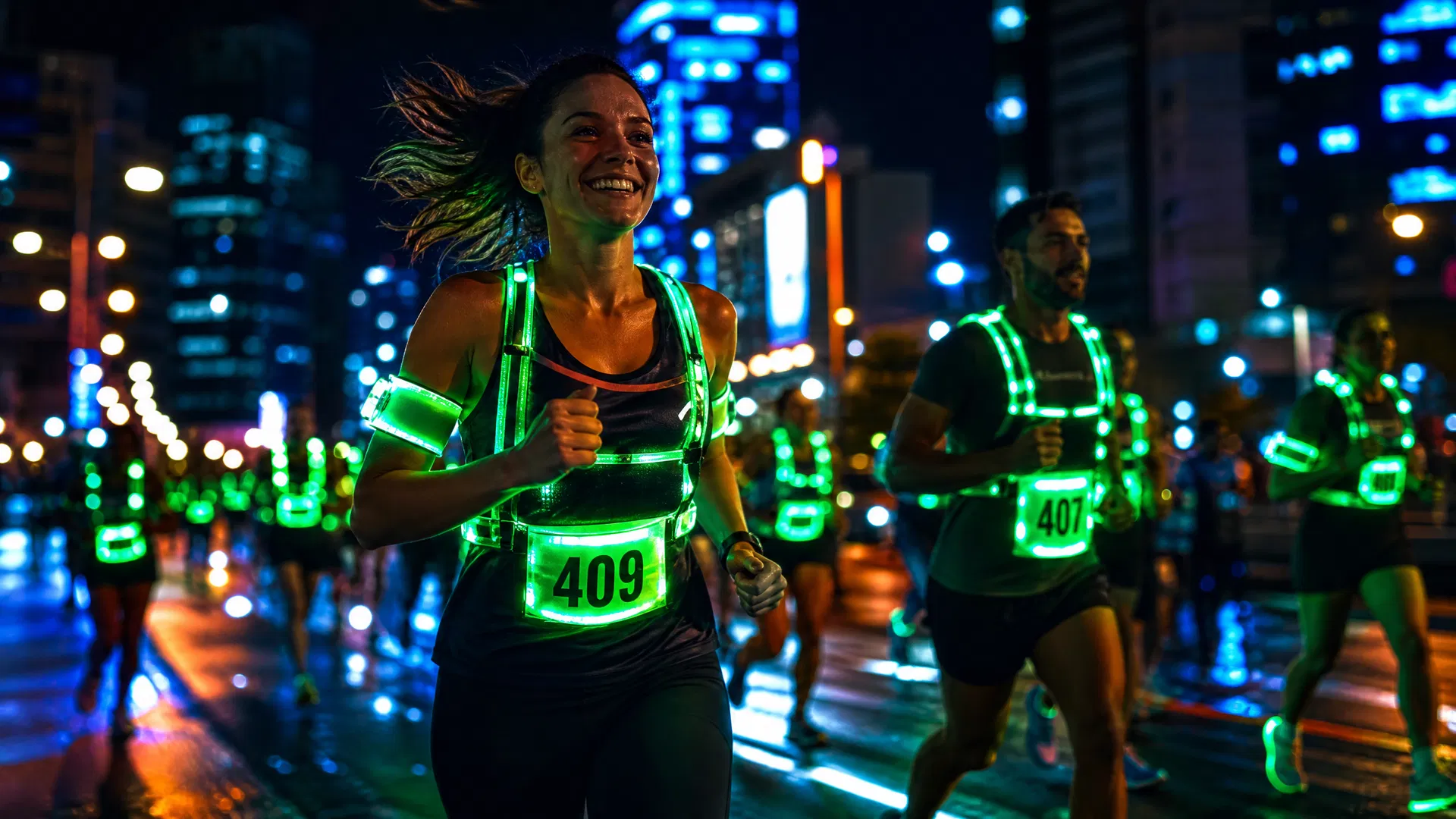 夜晚城市中跑者佩戴荧光装备穿行街道的城市夜跑场景